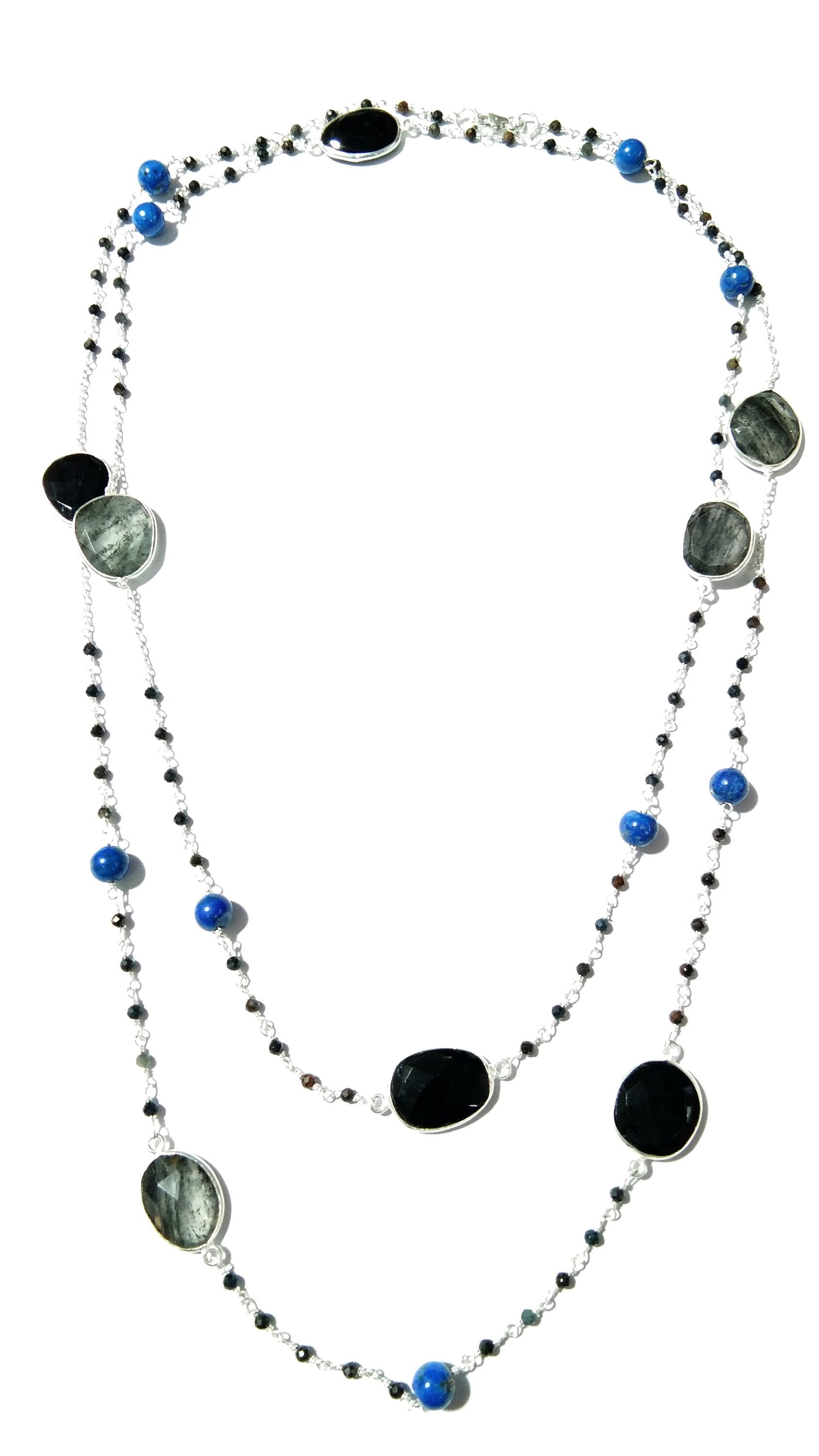44'' Log Necklace ! Black Rutile Necklace With Lapis Lazuli & Black Onyx, 925 Sterling Silver Jewelry, Handmade Beaded Necklace.